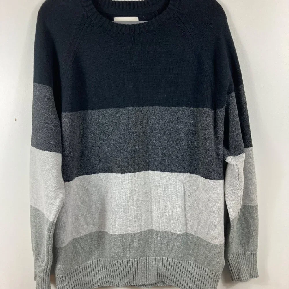 Mens American Eagle Color Block‎ Cotton Crew Pullover Sweater Black Gray XL